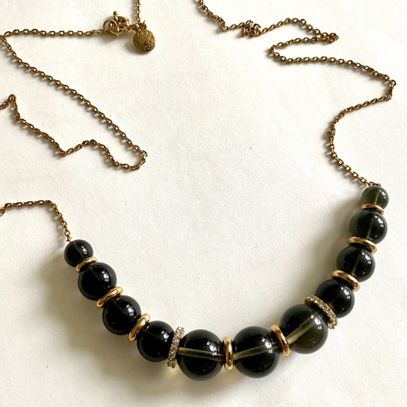 J. Crew Long Gold Tone Necklace with Dark Olive Green Beads - Picture 9 of 15